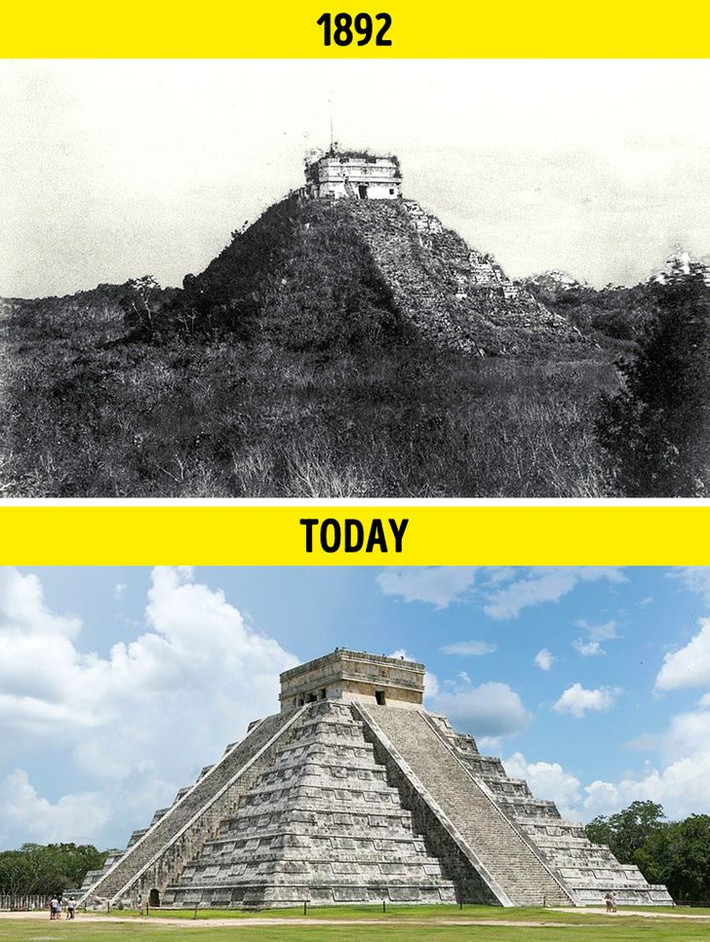 Khu đền Kukulkán ở Chichén Itzá, Mexico, năm 1892 (ảnh trên) thay đổi khá nhiều trong hơn 100 năm qua.