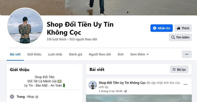 Các đối tượng chạy quảng cáo trên trang facebook “Shop Đổi Tiền Uy Tín Không Cọc” để thu hút “con mồi”. 5-8-tien-gia10.jpg