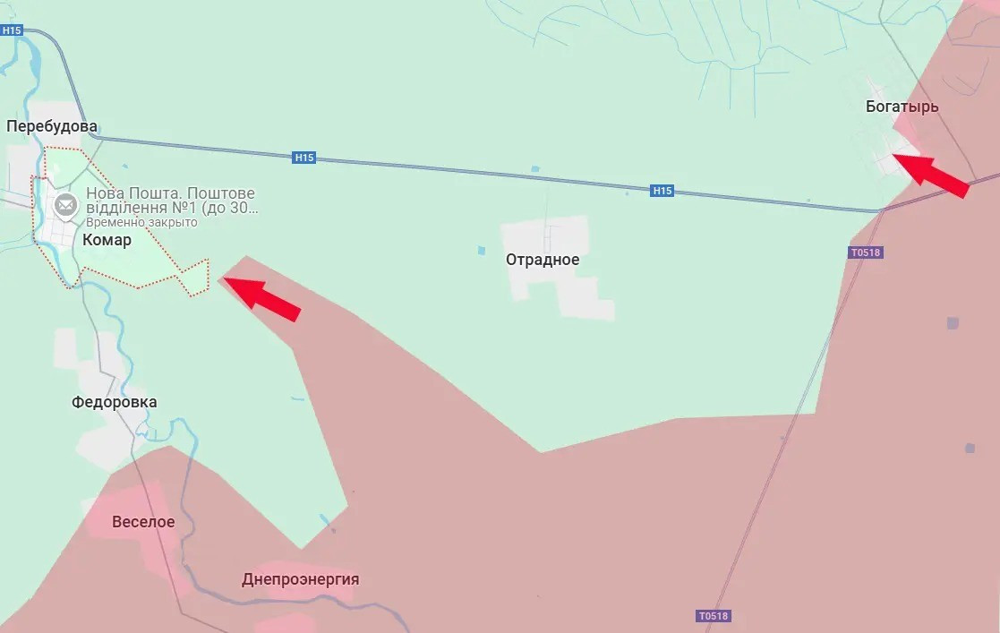 Ở khu vực cực Nam Donetsk, từ đầu cầu Velyka Novosyolka mà RFAF chiếm được cách đây không lâu, quân Nga đang tiến dọc theo sông Mokrye Yaly về phía bắc làng Dneproenergiya, đến ngoại ô phía nam làng Komar; hình thành lên vòng vây với khu vực Dneproenergiya.