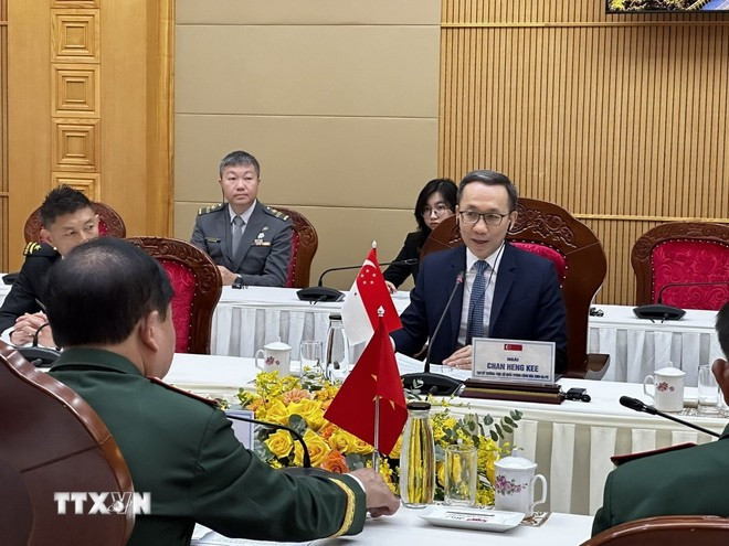 Ngài Chan Heng Kee, Thư ký Thường trực Bộ Quốc phòng Singapore, phát biểu tại đối thoại. Ảnh: Trần Lê Lâm/TTXVN