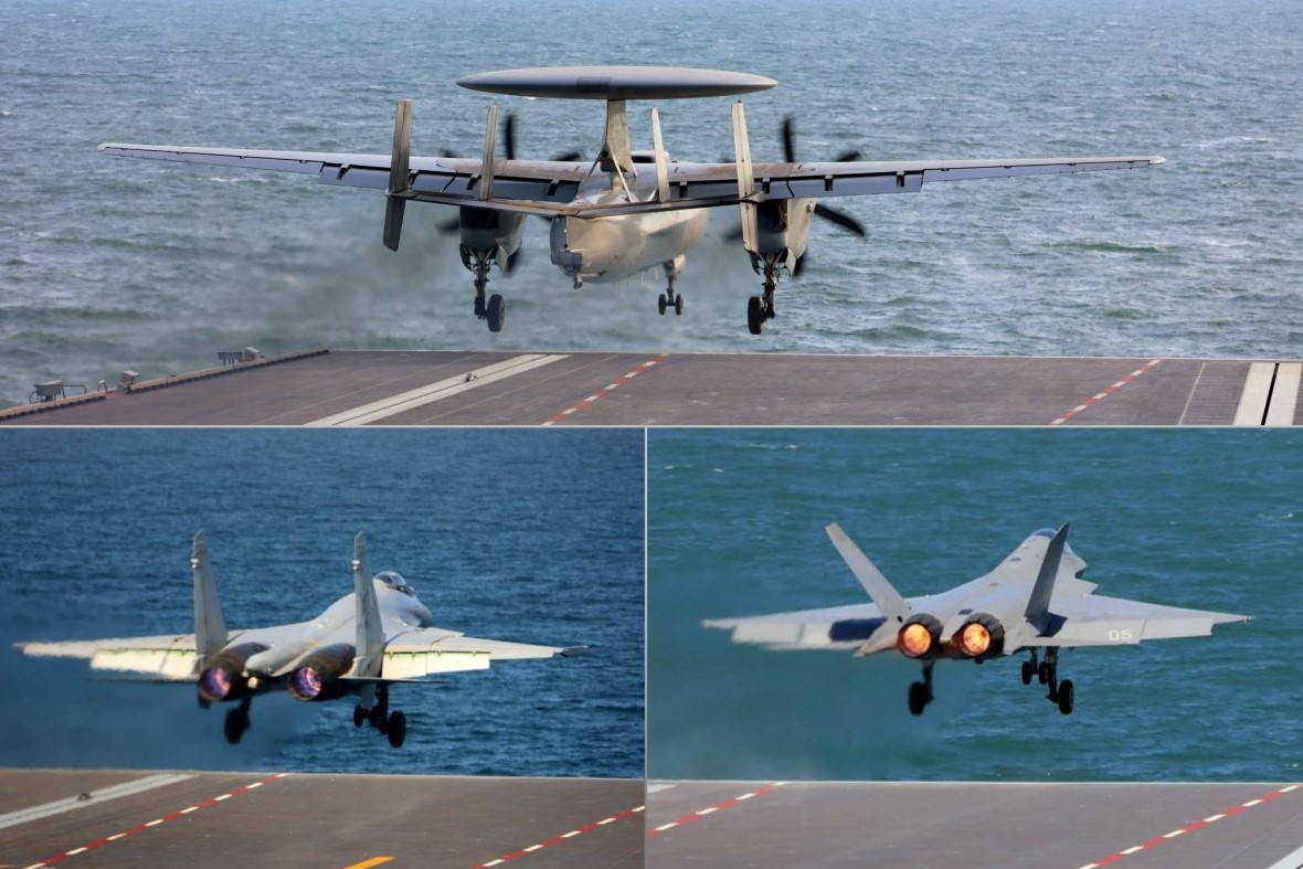 Hải quân Trung Quốc cũng trình diễn ba loại máy bay hạ cánh và tiến hành hoạt động trên boong tàu Phúc Kiến ngoài biển.