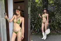 "Hot girl cổ vũ" khoe dáng bốc lửa giữa thiên nhiên xanh mát