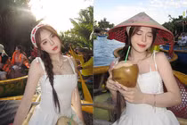 Tiktoker Ngân Hà thả dáng xinh đẹp trên thuyền thúng Hội An