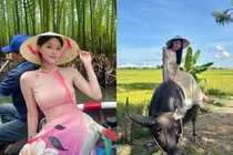 Gái xinh Hàn Quốc diện áo dài, cưỡi trâu khi du lịch Việt Nam