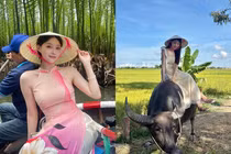 Gái xinh Hàn Quốc diện áo dài, cưỡi trâu khi du lịch Việt Nam