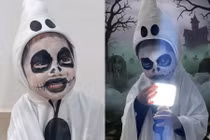 Cosplay bé ma mặt trắng, em bé khiến các bạn cùng lớp ‘sợ hết hồn’