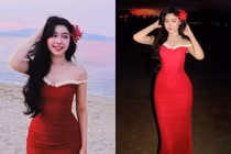 Con gái Quyền Linh diện váy ôm sát đỏ huyền bí khoe dáng