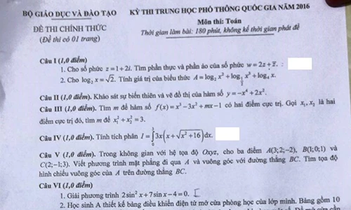 Đề thi và bài giải môn Toán thi THPT Quốc gia 2016