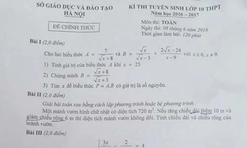 Đề thi và lời giải môn Toán thi vào lớp 10 tại Hà Nội