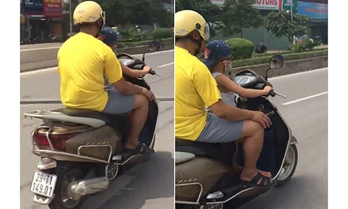 Thất kinh cảnh bé trai lái xe máy vi vu giữa HN