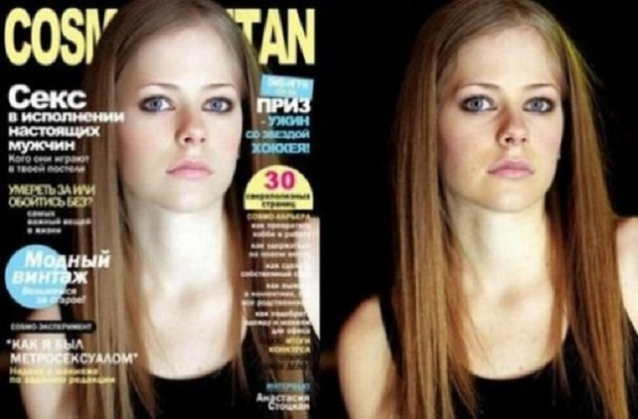 Avril Lavigne trên bìa tạp chí với làn da trắng sáng khác hẳn với vẻ nâu sạm ngoài đời.