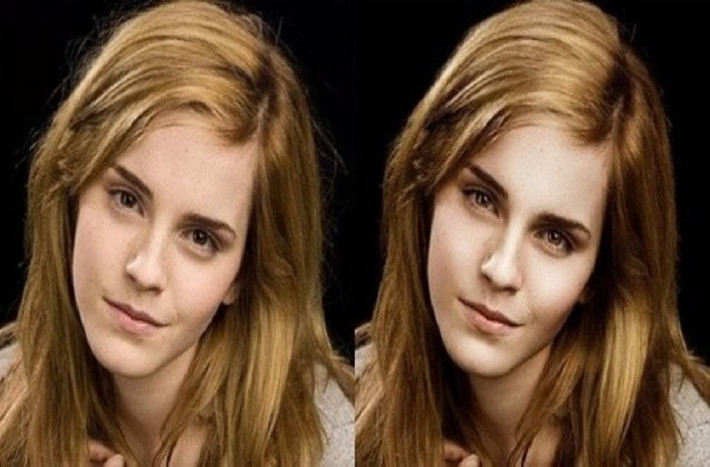Cô phù thủy nhỏ Emma Watson được làm bóng làn da cũng như mái tóc vàng chuyển sang màu hạt dẻ đậm.