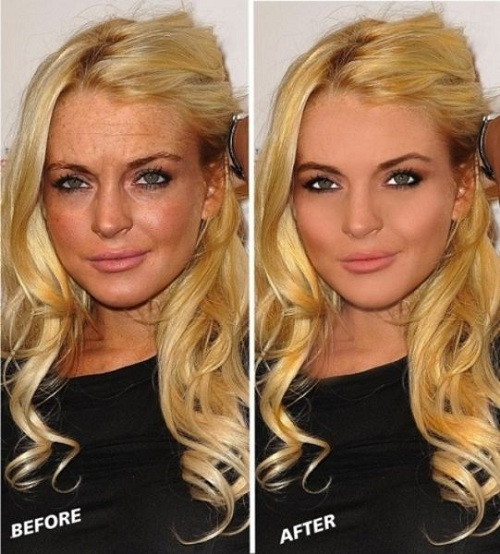 Trông ngoài đời Lindsay Lohan như bà lão 50 với làn da đồi mồi, nếp nhăn trên mặt và mắt thâm quầng khác hẳn sau khi đã được chỉnh sửa ảnh.