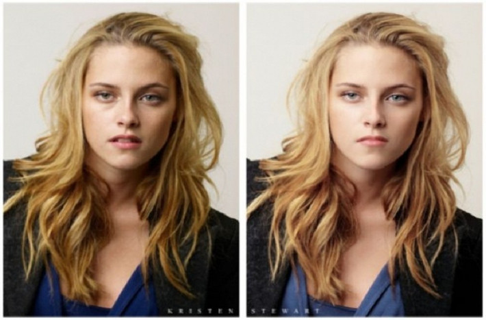 Đôi mắt thâm quầng, làn da nhợt nhạt ốm yếu của Kristen Stewart được photoshop ngụy trang 1 cách tài tình.