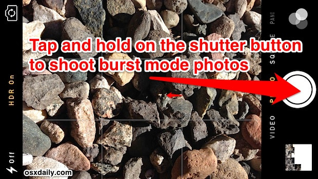 Nếu muốn sử dụng camera để chụp nhiều shot hình ghi lại một hành động diễn ra nhanh chóng, hãy bấm lì nút chụp khi đang ở trong chế độ camera. Điều này giúp bạn chụp tới 10 bức ảnh mỗi giây để sau đó có thể tùy ý giữ lại tấm ảnh mình thích.