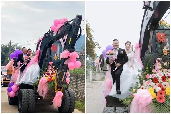Độc lạ màn rước dâu bằng máy xúc của chú rể Nghệ An