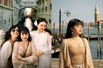 Thúy Hạnh đưa hai con du ngoạn Venice, đẹp nổi bật trời Tây
