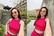 Vợ đạo diễn Victor Vũ rạng rỡ như đóa sen hồng khi đến Yên Tử