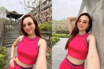 Vợ đạo diễn Victor Vũ rạng rỡ như đóa sen hồng khi đến Yên Tử