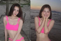 Tiểu Vy diện hai mảnh màu hồng nổi bật, khoe dáng gợi cảm