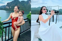 Lan Phương diện bikini bế con chụp ảnh