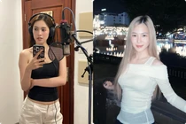 Hoa hậu Tiểu Vy tạo dáng trong phòng thu