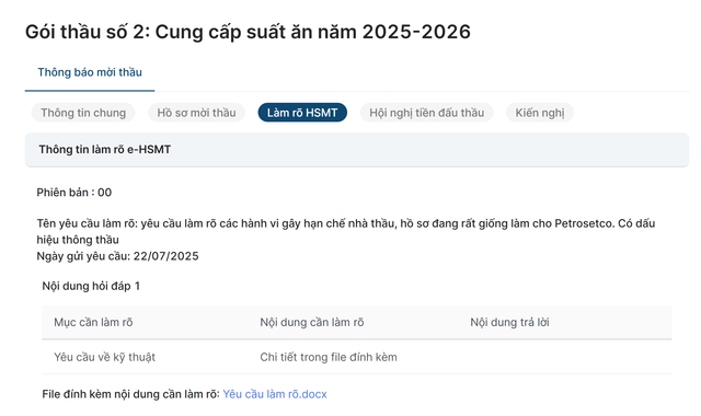 Trong khi kiến nghị ngày 17/7 của nhà thầu chưa được Bệnh viện Thống Nhất làm rõ, thì ngày 22/3, Hệ thống mạng đấu thầu Quốc gia ghi nhận thêm một nhà thầu khác gửi yêu cầu làm rõ đến bệnh viện này. benh-vien-thong-nhat-chua-tra-loi-kien-nghi-1.png