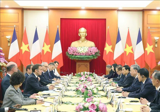 Tổng Bí thư Tô Lâm hội kiến Tổng thống Pháp Emmanuel Macron. Ảnh: Thống Nhất/TTXVN tuyen-bo-chung.jpg