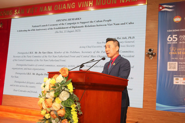 Ông Nguyễn Hải Anh, Phó Chủ tịch - Tổng Thư ký Trung ương Hội Chữ thập đỏ Việt Nam phát biểu tại Lễ phát động. Ảnh: Tiến Đạt. cuba4.jpg