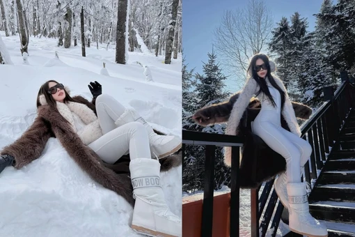 Tiktoker Ngân Hà diện đồ ôm sát khoe dáng 'đồng hồ cát' giữa tuyết trắng