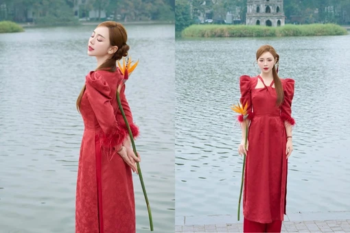 Quỳnh Kool khiến người đối diện 'xiêu lòng' với tà áo dài đỏ thắm bên hồ Gươm