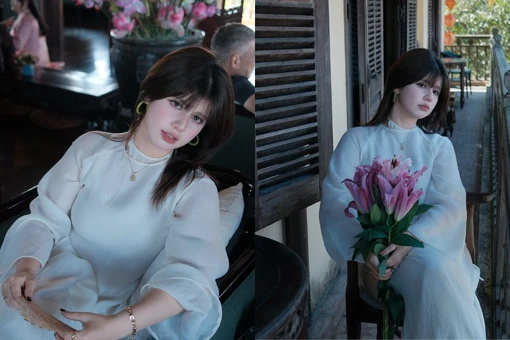 'Bông hồng lai' Ebra Lê diện áo dài duyên dáng, hòa vào không khí Tết Việt