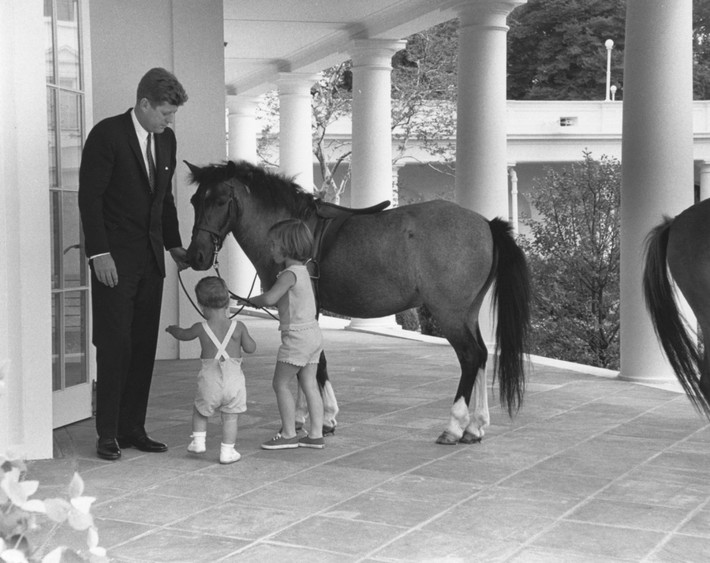 Tổng thống John F. Kennedy và các con chơi đùa cùng chú ngựa Macaroni tại Nhà Trắng. Ảnh: CNN, AP, IT.
