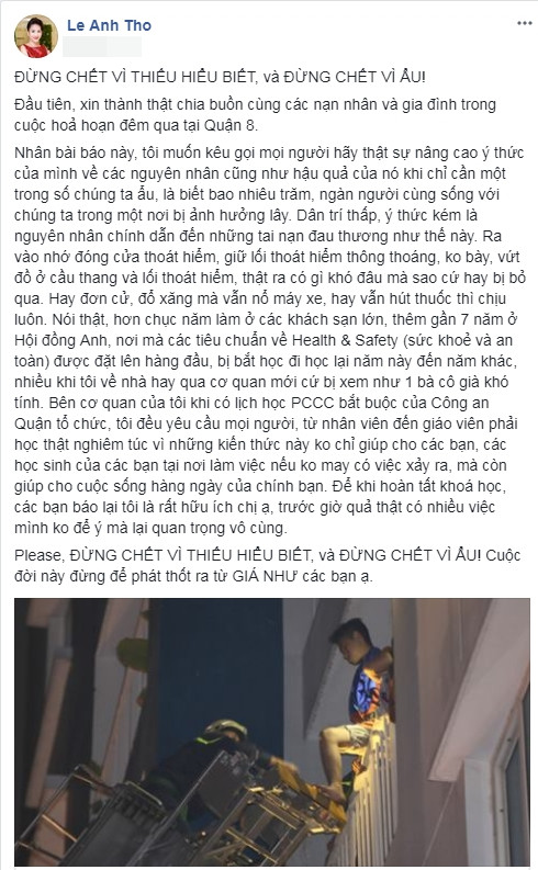 Không chỉ chia buồn cùng gia đình các nạn nhân, bà xã Bình Minh còn kêu gọi những người xung quanh nâng cao ý thức khi sinh sống ở chung cư, đề phòng hiểm họa.