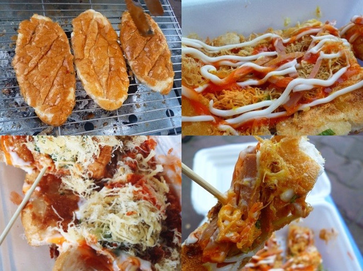 Bánh mì được cán dẹp, tẩm ướp bằng muối ớt pha loãng cùng dầu điều hoặc ớt sa tế sau đó đem nướng trên bếp than đỏ. Sau đó, bánh được cắt ra thành nhiều miếng nhỏ và kết hợp với các loại đồ ngon lên trên.