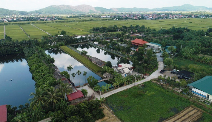 Quần thể công trình được xây dựng trên diện tích lên đến hàng nghìn m2 nhìn từ trên cao xuống không khác gì “biệt phủ” với nhà sàn 2 tầng lợp mái ngói đỏ, tường nhà được xây bằng gạch chỉ; một công trình khác được lắp dựng bằng thùng container; một công trình phụ được xây bằng gạch chỉ, mái lợp tôn cùng một số công trình phụ trợ như tiểu cảnh bể cá koi, lán để xe…