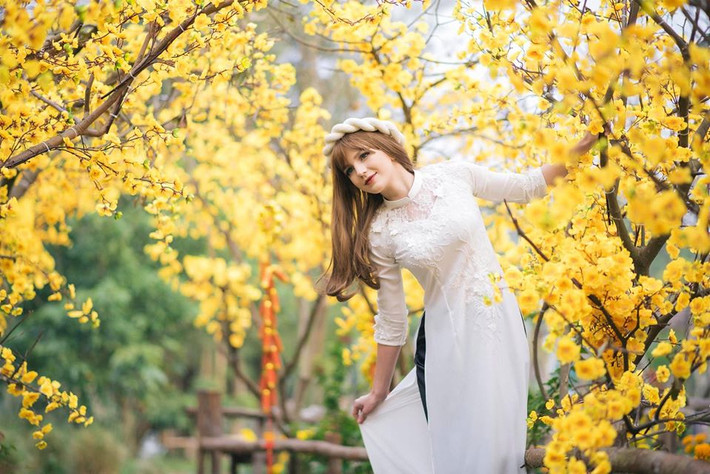 Người đẹp U30 thả dáng bên những cành mai vàng rực rỡ. Ảnh: FBNV.