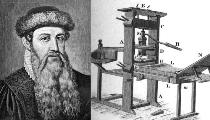 Thứ tư: máy in. Nhà phát minh người Đức Johannes Gutenberg đã phát minh ra máy in vào khoảng giữa năm 1440 và 1450. Gutenberg là người đầu tiên tạo ra một quy trình cơ khí hóa việc chuyển mực in từ chữ rời kim loại sang giấy, khác với công nghệ in khi đó được sử dụng là in khắc gỗ.
