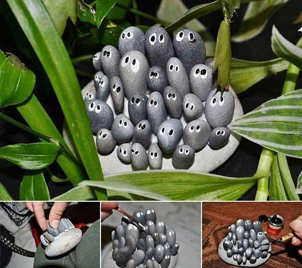Những hình thù đáng yêu được gắn từ đá và được trang trí bằng sơn.