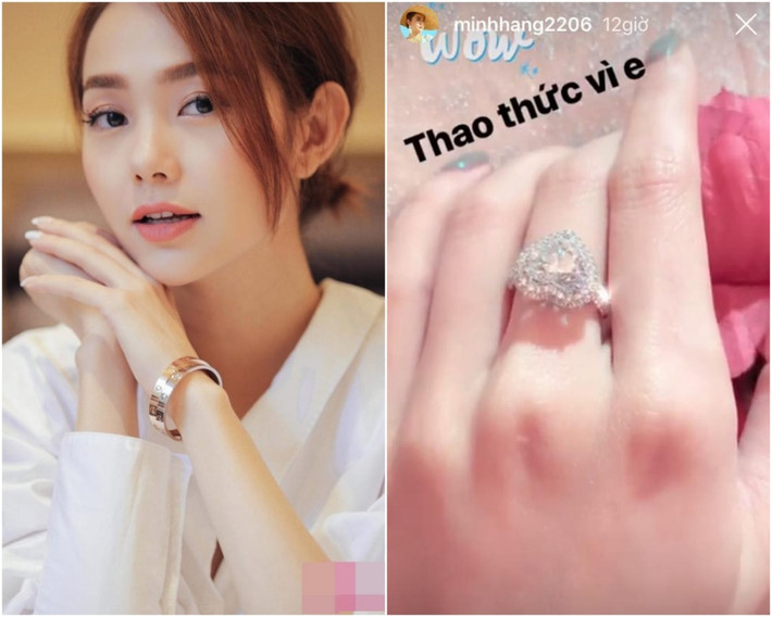 Mới đây, Minh Hằng khiến người hâm mộ xôn xao khi khoe chiếc nhẫn kim cương hình trái tim trên tay. Giá trị của chiếc nhẫn này lên tới hàng chục tỷ đồng. Trước đó, giọng ca "Nửa vòng trái đất" cũng nổi tiếng với sở thích dùng những món đồ trang sức đắt tiền. Hai chiếc vòng mà nữ ca sĩ đeo trên tay có giá hơn 200 triệu đồng.
