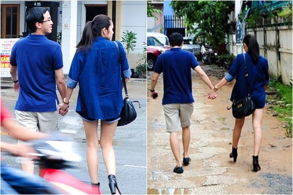 Hà Tăng và chồng không chỉ diện đồ đôi mà còn nắm tay nhau không rời.