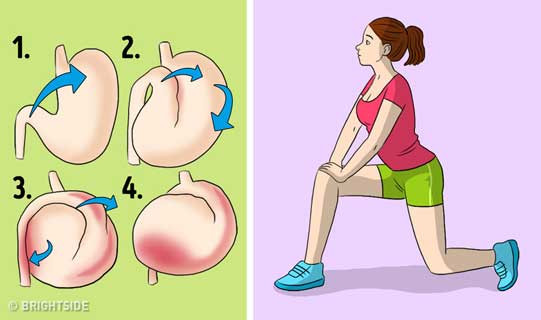 Yoga: Nhiều tư thế yoga có thể giúp bạn cải thiện hệ tiêu hóa và tăng nhu động ruột cũng như quá trình chuyển động thức ăn qua đường ruột. Ngoài ra, nó làm giảm sự căng thẳng – nguyên nhân có thể gây ra rối loạn dạ dày như hội chứng ruột kích thích. Chẳng hạn, tư thế gập gối (Apanasana) có thể giúp bạn giảm đau và đầy hơi còn tư thế vặn mình (Supine Twist) sẽ làm dịu vùng bụng.