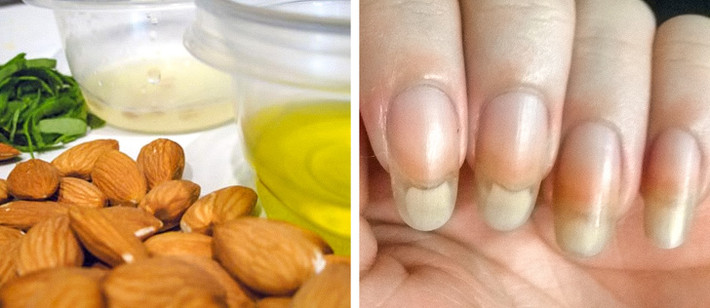 Dầu hạnh nhân chứa hàm lượng cao vitamin A, B, E, giúp dưỡng ẩm, nuôi dưỡng và sửa chữa những khiếm khuyết trên móng tay, làm mềm lớp biểu bì. Làm ấm dầu hạnh nhân, thoa đều lên móng, massage nhẹ nhàng từ 2 – 3 phút.