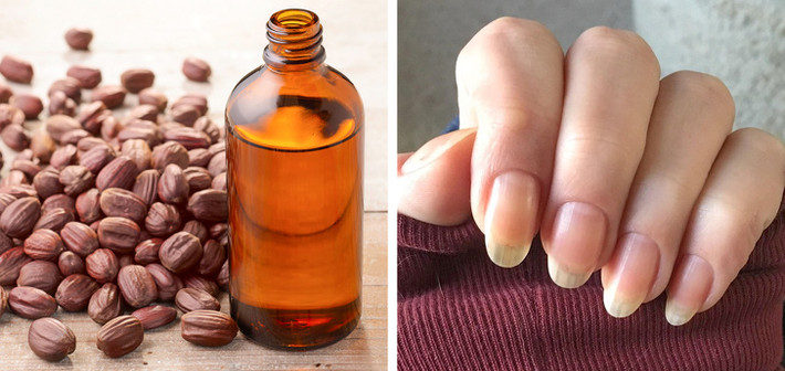 Dầu jojoba chứa nhiều axit béo, chất chống oxy hóa, vitamin và khoáng chất, giúp làm móng tay chắc khỏe và dày hơn. Làm ấm dầu jojoba, thoa lên móng tay, massage nhẹ nhàng từ 2 – 3 phút. Ảnh: BS.