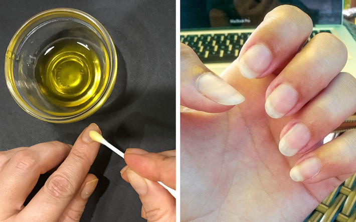 Dầu ô liu giúp dưỡng ẩm và nuôi dưỡng móng rất tốt. Hàm lượng vitamin E cao trong dầu ô liu giúp sửa chữa những khuyết điểm trên móng và kích thích sinh trưởng. Nên làm ấm dầu ô liu, thoa lên móng, massage nhẹ nhàng từ 5 – 10 phút.