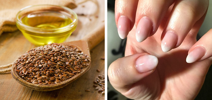 Dầu hạt lanh chứa nhiều axit béo, khoáng chất và các chất chống oxy hóa, thúc đẩy móng phát triển chắc khỏe. Dùng dầu hạt lanh thoa lên móng tay, massage nhẹ nhàng trong vài phút.