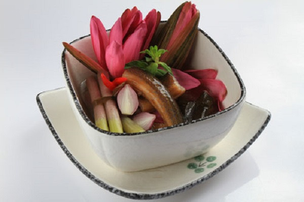 Hoa súng: Cũng gần như hoa điên điển, hoa súng cũng đã được người dân miền sông nước dùng làm chế biến thành rất nhiều đồ ăn ngon. Những bông hoa súng sẽ có tước vỏ, cắt khúc khoảng chừng 2 đốt ngón tay để làm rau sống ăn kèm lẩu mắm hoặc trộn gỏi tôm thịt, nấu canh chua với cá đồng, ngâm giấm làm dưa… đều rất hấp dẫn.