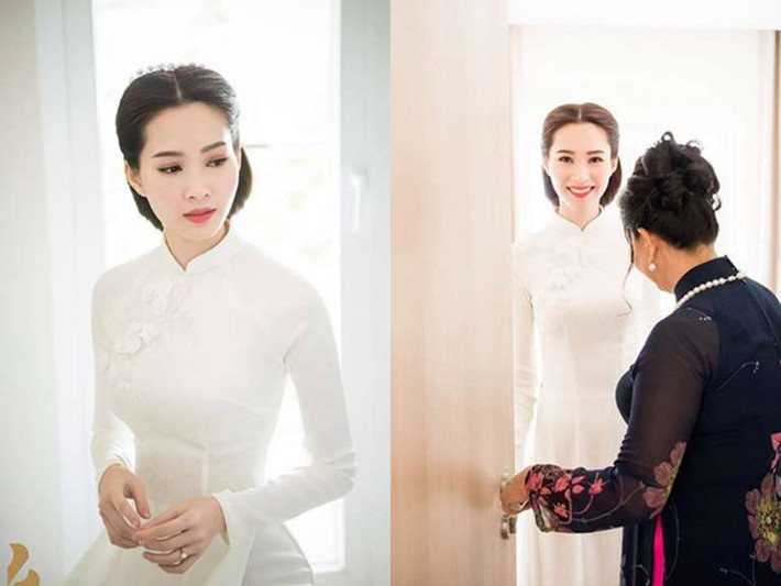 Cô mặc áo dài trắng, được tạo điểm nhấn bằng những chi tiết đính kết tinh tế. Kiểu tóc tết đơn giản càng làm tôn vẻ đẹp dịu dàng, đài các của Thu Thảo.