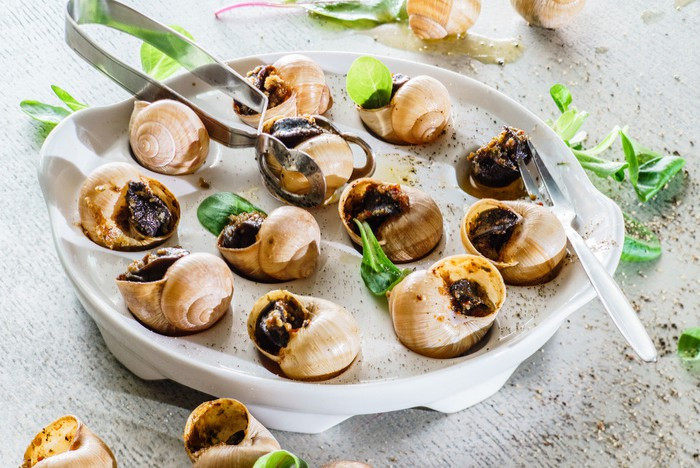 Do dùng cả vỏ để trình bày món ốc sên nên đầu bếp cũng phải làm sạch chúng một cách cẩn thận. Tại một số quốc gia, vỏ ốc sên được thay thế bởi những chiếc bánh ngọt nhỏ nhiều lớp (puff pastry). Như vậy trông món ăn vệ sinh hơn nhưng bánh ngọt lại ngấm bơ và làm mất sự thú vị khi thưởng thức ốc sên. Ảnh: Vivial.