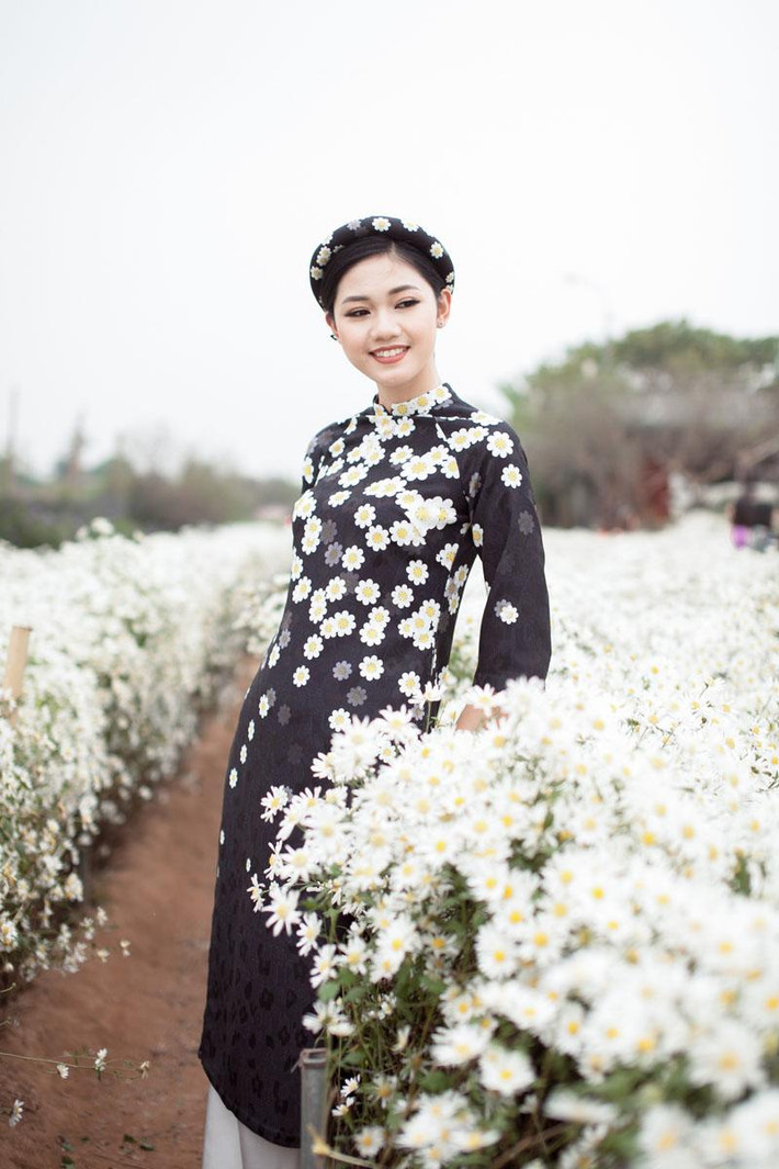 Á hậu Thanh Tú cũng từng lưu lại những khoảnh khắc đẹp trong bộ ảnh áo dài chụp với cúc họa mi.